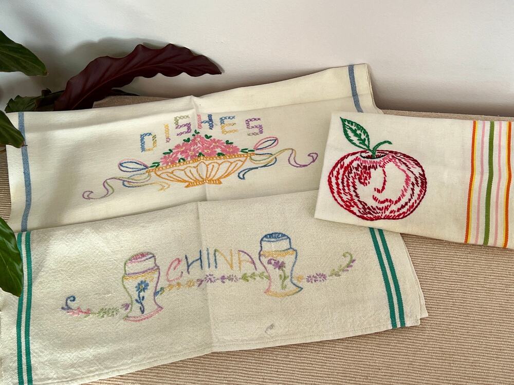 Vintage Petit Point Linen Dish Towels Hand Embroidered Kitchen Pair Set of 2